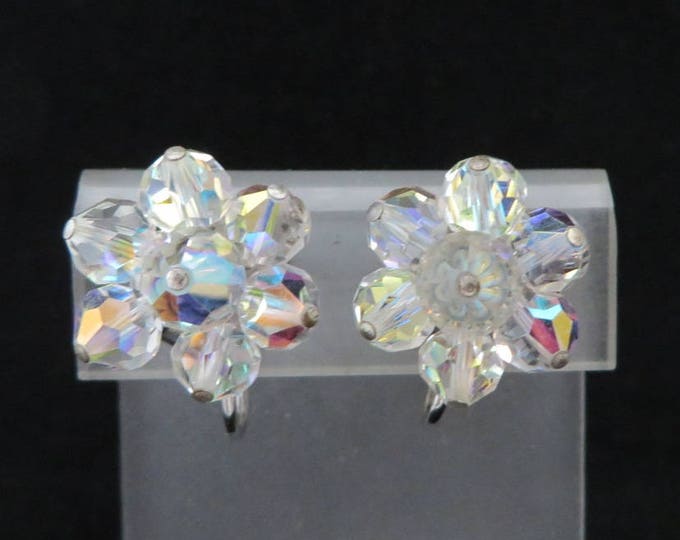 Vintage Crystal Flower Earrings | Silver Tone Cluster Clip-on Earrings