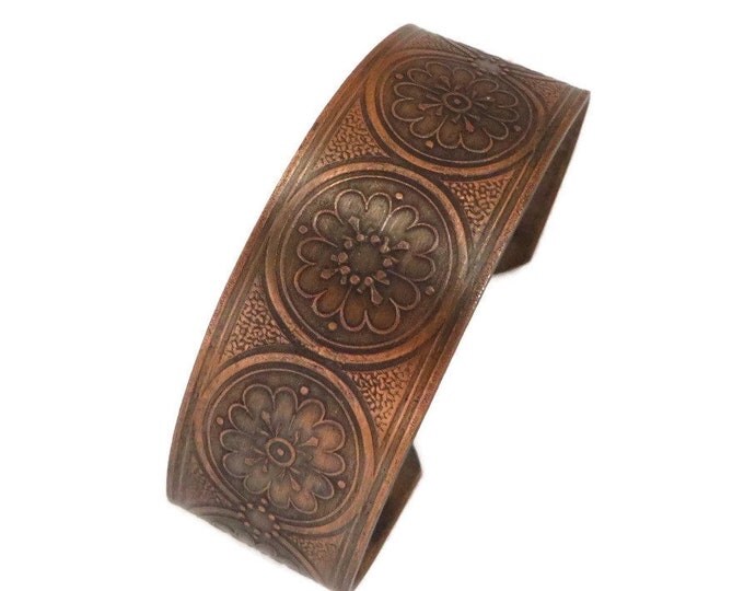Vintage Solid Copper Cuff, 1970s Flower Design Bracelet