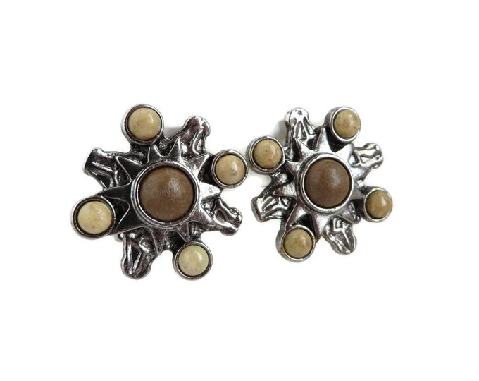 Vintage Earrings, Silver Tone Brown Bead Earrings, Signed Robert Rose Clip-on Earrings, 70s Retro Jewelry