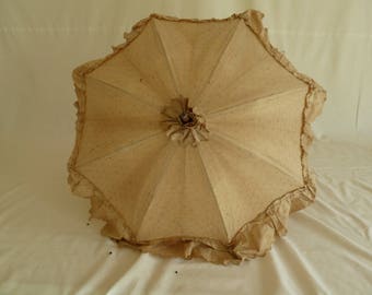 Original Edwardian parasol, umbrella, covered in beige cotton, with frill, Steampunk parasol, costume prop, themed wedding