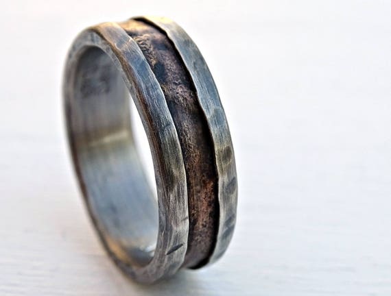 forged silver bronze ring mens wedding band viking cool mens