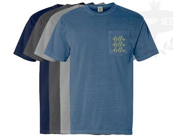 Delta Delta Delta Embroidery T-Shirt - Tri Delta Script - Comfort Colors Shirt with Pocket