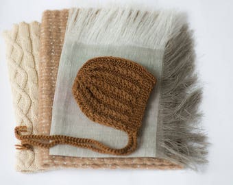 Newborn Photography set / Newborn boy photo outfit / Neutral photo props / Brown photo props / Newborn bonnet set / Photo prop set