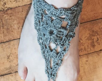 Gray Crochet Barefoot Sandals Flower Pattern