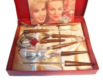 NOS Mid Century Tortoiseshell Bakelite Bar Tool Set/ 7 pc Bar Utensils/ Retro Bartender tools/ Cocktail Tools Bakelite handles/ in box