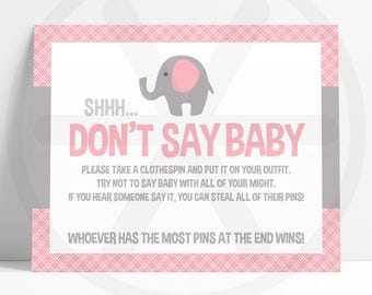 Dont Say Baby Game - Don't Say Baby Sign - Pink Elephant Baby Shower Printable Games - Funny Baby Games - Girl Baby Shower Activities