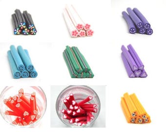 5 fimo canes models various //fleurs//coeurs//feuilles//smileys//ourson//papillon//oeuf//glace//gateau 50mm