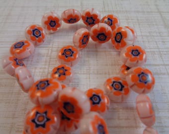 10 Bright Orange Blue White Millefiori Beads 8mm Flat Coin Shaped Glass Beads Millefiori Thousand Flowers Bead Orange Blue White Flower Bead
