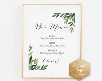 Watercolor Leaves Printable Bar Menu Sign | Wedding Print | Guest Book Sign | Wedding Decor | Instant Download Sign | Instant Sign