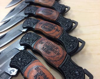 4 Personalized Knife, Pocket Knife, Gift for Groomsmen, Engraved Knife, Usher Gifts, Custom Knife, Gift for him, Wooden Handle, Black Blade