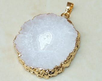 Solar Quartz Pendant - Druzy Pendant - Flower Stalactite - Gold Plated Edge and Bail - 32 mm x 37 mm - 4257