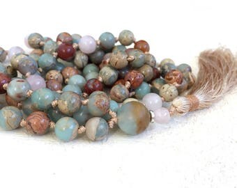 African Opal Knotted Mala Beads, Tassel Mala Necklace, Rose Quartz Mala Beads, Long Tassel Necklace, Yoga Meditation Beads