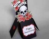 Skull and Roses Anniversary Card 3-D Pop Up Box Rockabilly Tattoo Goth Punk Biker Metal