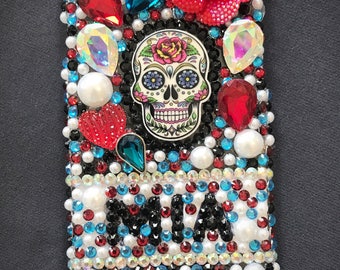 Sugar Skull Bling Phone Case, Day of the Dead Phone Case, Personalized Phone Case, Candy Skull Phone Cover, Halloween Phone Case
