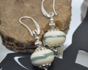 Earrings 925 Silver hooks white khaki ivory Lampwork Glass Beads