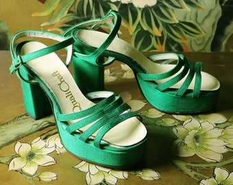 70s Qualicraft Emerald Green Satin/Crepe Disco Platform Heels Size 7