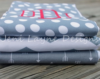 Monogrammed Burp Cloths- Set of 3 Gray and White Burp cloths, Gender Neutral burp cloths, Monogrammed Baby Gift