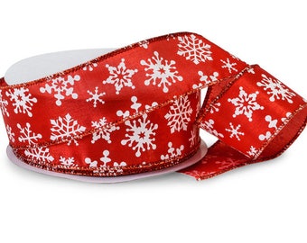 Red White Snowflake Ribbon, Christmas Ribbon, Satin Wired Ribbon, Floral Ribbon, Wreath Ribbon, Christmas Tree Ribbon