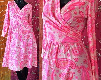 Robert David Morton Dress Mod Pink Psychedelic Wrap Dress Vintage 70s Summer Dress