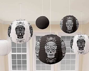 Set Of 6 Day Of The Dead - Black & White Sugar Skull Hanging Paper Lanterns - Halloween Party Decorations