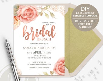 Bridal Brunch Invitation - Pink Rose Bridal Shower Invitation, Instant Download, Rose Gold Bridal Brunch Invite, Printable Invitation