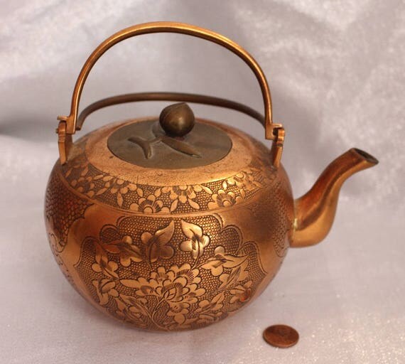 Vintage Japanese Copper Tea Pot Carved Metal Double Handle