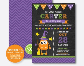 Instant Download, Editable Monster Halloween Birthday Invitation, Monster Invitation, Halloween Party Invitation, Chalkboard (CKB.320)