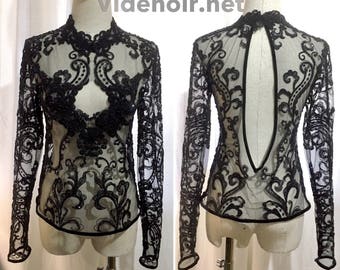 CUSTOM ORDER - Beaded Mesh Fabric Crop shirt with lace applique and long sleeves