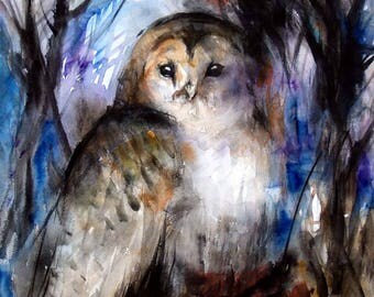 Forest Owl Original Watercolor Painting Barred Owl Painting 12x16in-Summer Sale-