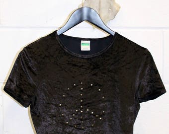 Vintage 1990's United Colors of Benetton Peace Sign MetalStudded Velvet Velour Cropped Ladies Tee Shirt