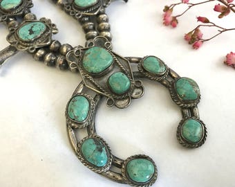 Vintage Squash Blossom Necklace. Fox Turquoise. Navajo. Vintage Jewelry. Southwestern Jewelry