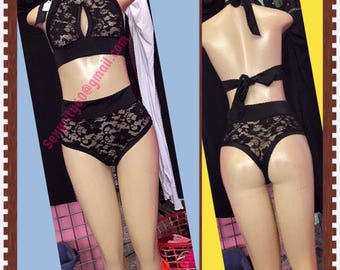 Exotic Dancer Stripper Sexy Black Lace High Waisted Bikini Dancewear Clubwear Rave EDM exotic dancewear stripper outfits pole dance