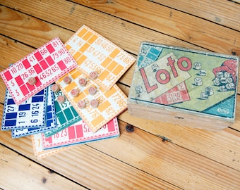Box Vintage Holz Lotto - Box alte französische Spiel - Kind Spiel - chips Bingo Zahlen - box farbigen 50er Jahre