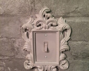 White light switch cover, floral frame, single switch, vintage look, shabby chic
