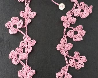 Crocheted Linen Flower Necklace with Glass Beads