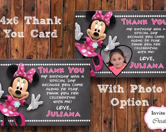 Minnie Mouse Thank You Card, Minnie Mouse Birthday Thank You, Minnie Invitation, Minnie Mouse Theme, Pink Minnie, Photo Thank You Card