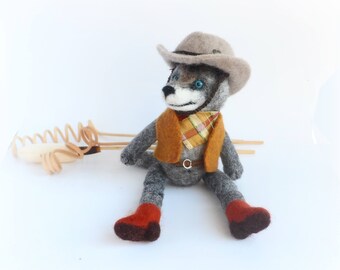 OOAK Art Doll Wool Wolf, Needle Felted Wolf Cowboy, Felt Wolf Toy, Wool Felt Cowboy, Taddy Animals, American History, Original Unique Gift