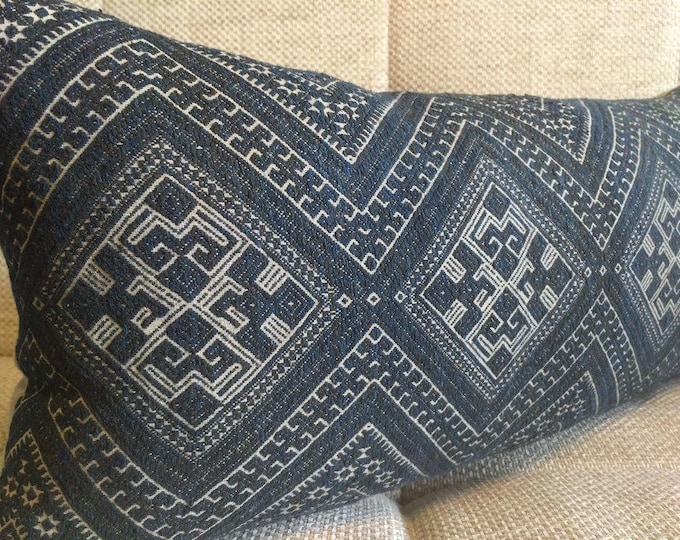 20% OFF SALE Rare Dark Indigo Chinese Wedding Blanket Pillow Cover / Vintage Boho Ethnic Miao Dowry Textile / Handwoven Lumbar Cushion Cover