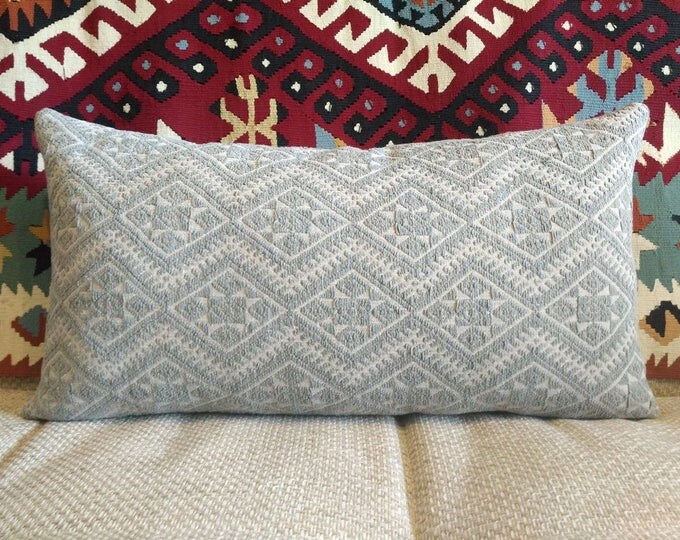 Beautiful Light Gray Vintage Chinese Wedding Blanket Pillow Cover / Boho Ethnic Miao Dowry Textile / Handwoven Cotton and Silk Cushion