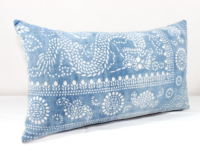 SALE! 12"x22" Vintage Indigo Batik Pillows, Old Chinese HMONG Batik Fabric Pillow Case, Ethnic Textile Cushion Cover
