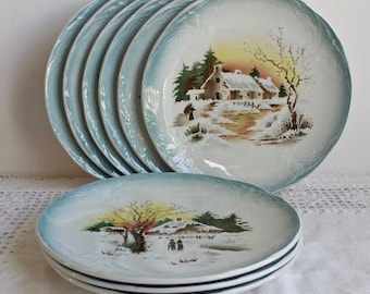 St Amand Ensemble de 9 assiettes décor paysage sous la neige