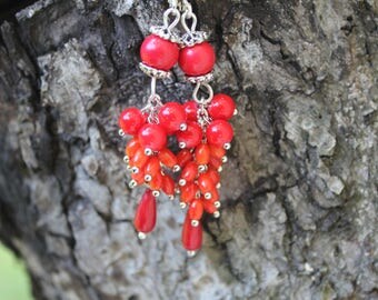 Red chandelier earrings red jewelry red wedding prom jewelry red gemstone cluster earrings gifts bridesmaids coral earrings birthday earring