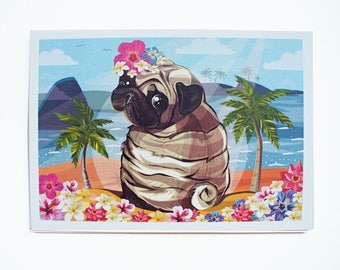 Pug Card, Hawaii Summer Pug Greeting Card, Tropical Pug Art, Pug Funny Birthday Card, Pug Illustration, Cute Pug Love Card, Sweet Pug Gift