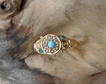 Victorian 18ct Turquoise and Seed Pearl Ring