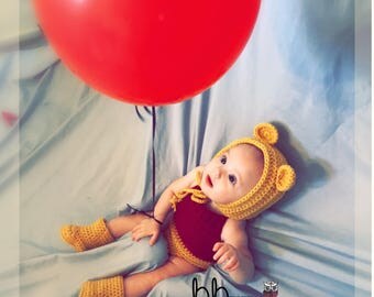 Winnie the Pooh Romper and Bonnet - Newborn to 6 month - crochet made to order