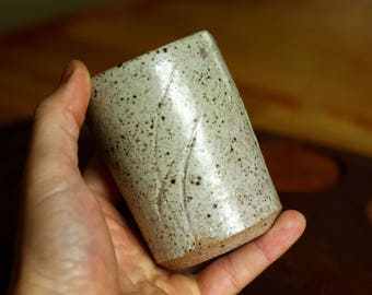 Stoneware Yunomi in oatmeal glaze with incised decoration