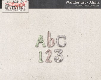 Shabby Wooden Alphabet, Digital Travel Alpha, Instant Download, Wanderlust Digital Scrapbooking Embellishments, Wooden Letters and Numbers