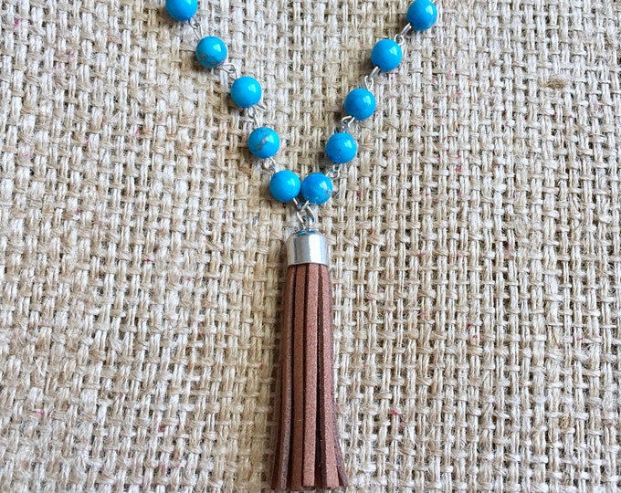 Brown Tassel Pendant, Long Tassel Necklace, Tassel Pendant, Boho Tassel Necklace, Blue Agate Necklace, Cowgirl Necklace, Knotted Necklace