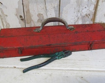 Vintage Red Metal Tool Box, Industrial Decor