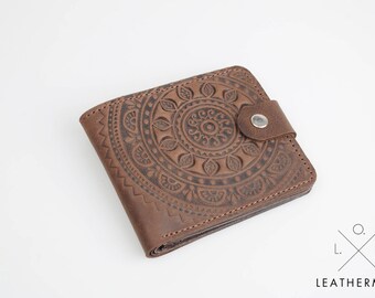 Brown leather wallet, soft leather wallet, pocket wallet, leather billfold, embossed brown billfold, billfold wallet, small wallet women's